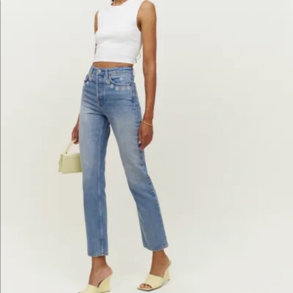 Reformation Cynthia High-Rise Straight Daisy Embroidered Jeans 29 NWT - Picture 4 of 12